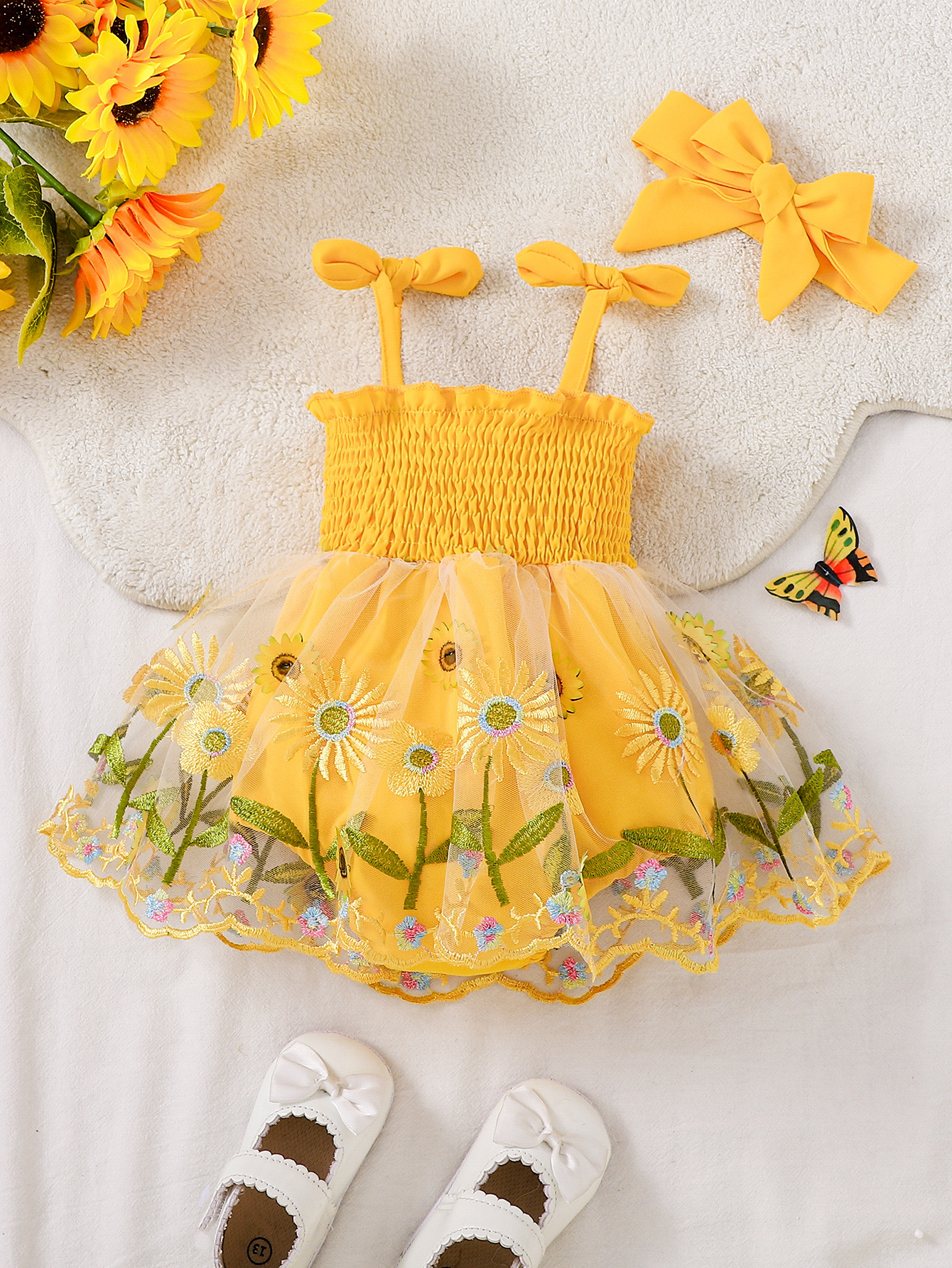 Baby Clothing Yellow - Baby Girl Sunflower Embroidered Tutu Dress